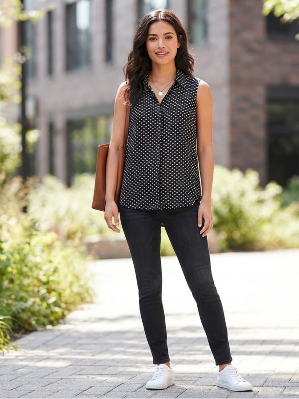 NWT Apt. 9 Black & White Chevron Print Sleeveless Button-Down Shirt Blouse Large